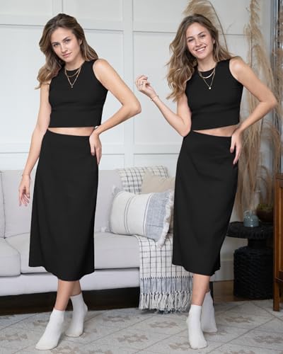 Image of Arach&Cloz Women's Non See Through 2 Piece Sets Tank Top and Midi Skirt Knit Outfits