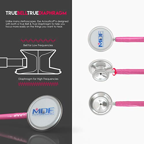 Image of MDF Instruments, Acoustica Lightweight Stethoscope for Doctors, Nurses, Students, Home Health Use, Adult, Dual Head, Fuchsia Tube, Silver Chestpiece-Headset, MDF747XP32 | Dual Head, rotating chestpiece, Lifetime warranty, Free-Parts-for-Life, Latex-free, For doctors, nurses, students home health