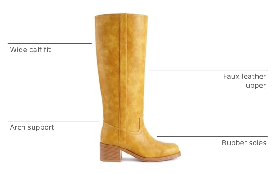 Image of Gothictor Women's Banana Knee High Boots Square Toe Chunky Block Heel Comfortable Low Heel Pull on Wide Calf Riding Long Boots for Women