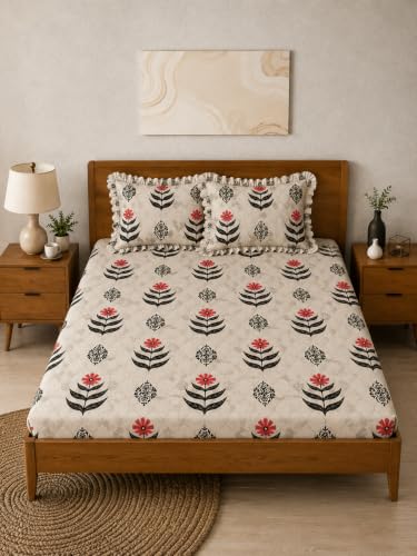 Image of King Size Fitted Bedsheet for Double Bed | 300 TC Cotton Feel Microfiber | All Around Elastic with 2 Frill Pillow Covers | Soft & Durable | (Design2, Fitted - 72 x 78 Inch King)