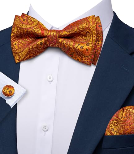 Image of YOHOWA Paisley Striped Men Bow Tie Pre-Tied Formal Adjustable Colorful Bowties Handkerchief Cufflinks Set Wedding Party