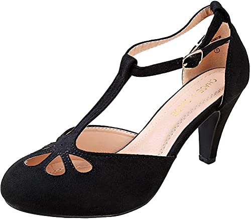 Chase & Chloe Kimmy-36 Women's Teardrop Cut Out T-Strap Mid Heel Dress Pumps (8.5, Black Nubuck)