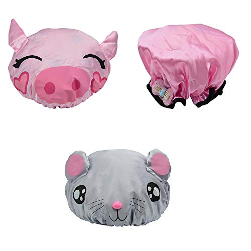 CHILDHOOD 3 Pack of Waterproof Cute Shower Caps for Kids Girls, Children Double Layer Bath Shower Hat |Pink Pig + Grey Mouse + Pink Bow|