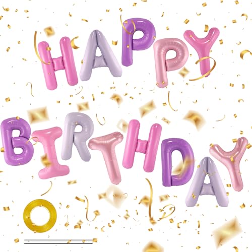 CANREVEL Happy Birthday Banner Decoration + 12Pcs Star Balloon, Pink Purple