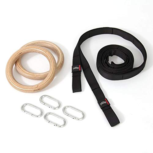 SMAI Wooden Gymnastics Rings with Adjustable Carabiner Clips - Full Body Workout Rings for Bodyweight Training, and Fitness - Gym Rings for Strength and Stability.