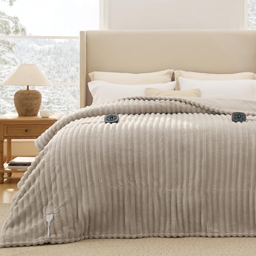 Bedsure Electric Blanket King Size - Thick Striped Flannel Electric Blanket with Dual Control, Heating with 10 Heat Settings & 10 Time Settings, 8 hrs Timer Auto Shut Off (90x100 inches, Linen)