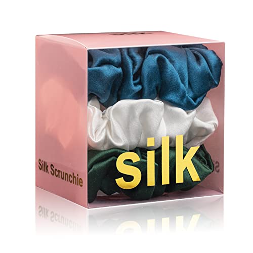 Silk Scrunchies for Hair 100% Mulberry Silk Hair Ties 3 Pack(White, Peacock Blue, Emerald)