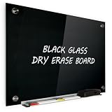 Picture of Real Glass Dry Erase Board, 18" x 24", Tempered Glass Surface, Frameless Wall Mount, with 4 Assorted Color Markers and Eraser, by Better Office Products (Jet Black)
