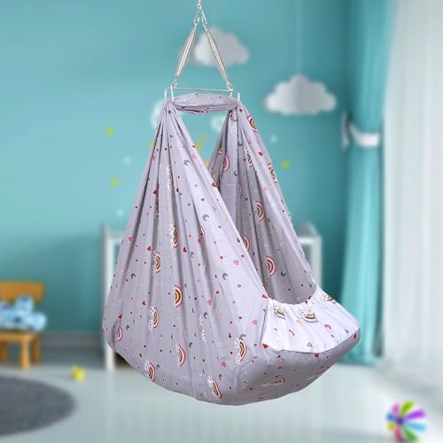 Image of Baby Cradle Swing for Newborns | Cotton Fabric Filled with Recron Fibre | Hanger Spring, Mosquito Net & Mattress with Insert Pocket | Jhoola, Thottil, Joli, Jokali, Onjal-Lt Mehendi (Grey)