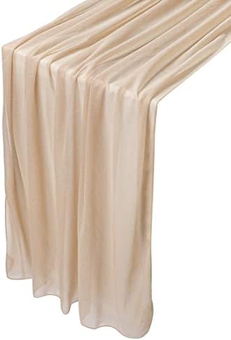 Qidordour Champagne Chiffon Table Runner 30 x 120 Inches Romantic Sheer Wedding Table Runner Glitter Gold Brown Tulle Fabric Party Table Decorations for Wedding, Birthday Party, Bridal & Baby Shower