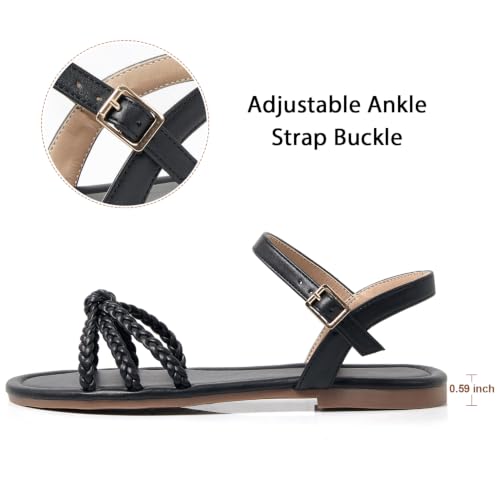 Image of iCKER Womens Braided Flat Sandals T‑Strap thong Elastic Stretch Ankle Strap