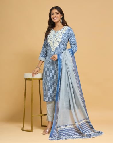 Image of Fabnu by Fabindia Women's Cotton Embroidered Kurta Pant Dupatta Set