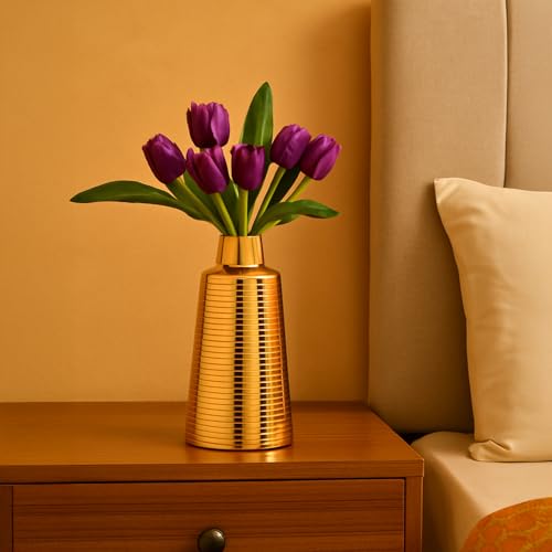 Image of Market99 Golden Metal Flower Holder |Truncated Cone Shape Vase with Ribbed Design & Glossy Texture|Decorative Accent for Tabletop, Living Room, Corner, Shelf & Gifting|A modern luxury for every corner