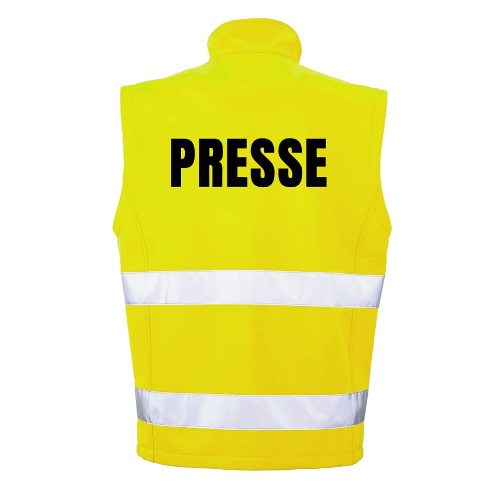 PRESSE Sicherheitsweste GELB aus Softshell - Gelb Warnweste nach EN ISO 20471 zertifiziert - Unisex und hochwertigem Reflektorstreifen