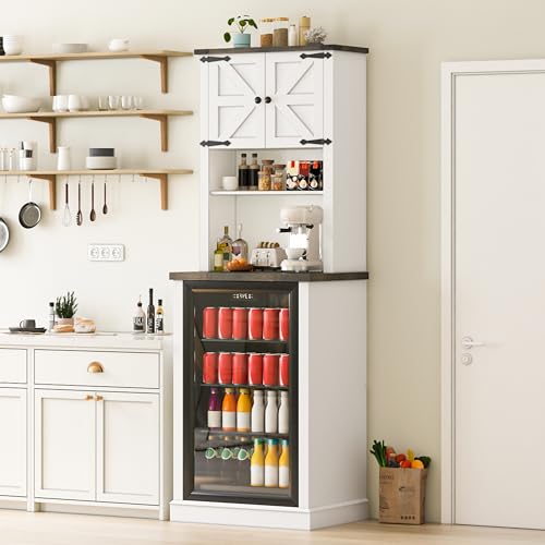 Image of 73'' Tall Mini Fridge Cabinet with Storage Hutch, Farmhouse Coffee Bar with Mini Fridge Space, Wine Bar Cabinet for Kitchen, Dining Room, Living Room