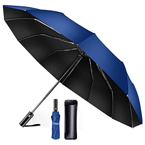 【TSUNEO】 折りたたみ傘 12本骨耐風傘 自動開閉 大きい 台風対応 梅雨対策 おりたたみ傘 メンズ 晴雨兼用 超撥水 高強度グラスファイバー 収納ポーチ付き (ブルー)