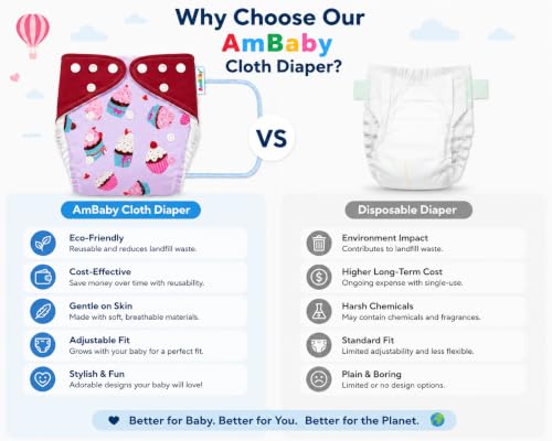 Image of Ambaby Pack of 4 Premium Pocket Cloth Diapers with 2 Diaper Covers & 2 High-Absorbency 4Layer Insert Pads. Leak-Proof, Adjustable, Breathable, Reusable & Washable. Fits Babies 3 Months-3 Years(3-18kg)(Pink)