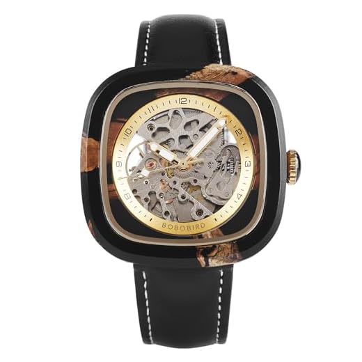 BOBO BIRD Mens Wooden Watches Square Skeleton Mechanical Watch, Automatic Self-Winding, Leather Strap, Multiple Colors (Black)