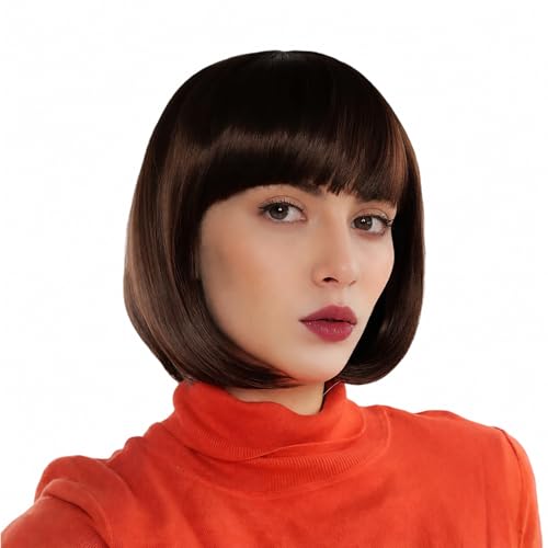 Image of Rose bud Natural Brown Wig Bob Straight 12 Inch Short Hair Cosplay Wigs for Women Costume Party Halloween