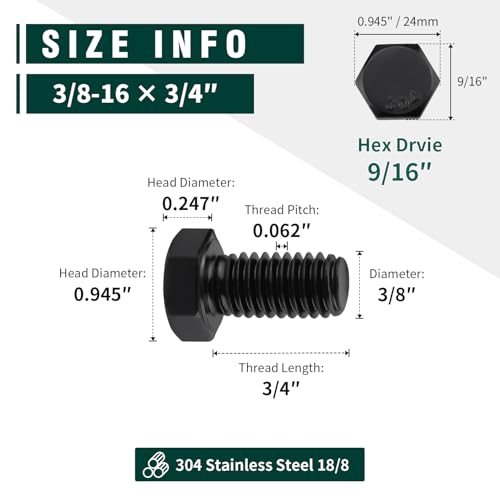 Image of 3 /8-16 x 3 /4 inch Hex Head Bolts Black, 304 Stainless Steel 18-8 Hexagon Head Screws Bolts, Black Oxide Finish, Allen Hex Drive, 10 PCS