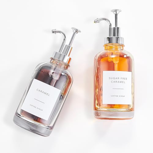 DUTYWORKS Coffee Syrup Dispenser Coffee Bar Accessories 16.9 oz Syrup Dispenser with Labels, Syrup Pump Dispenser for Coffee Bar(Silver Pump)