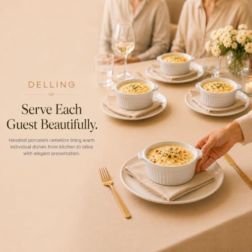 Delling Ramekins with Handle, 6 PACK Soup Bowls for French Onion Soup, Pot Pie, Lava Cakes, Creme Brulee, 12 Oz Porcelain Souffle Dish for Baking, White - Image 6