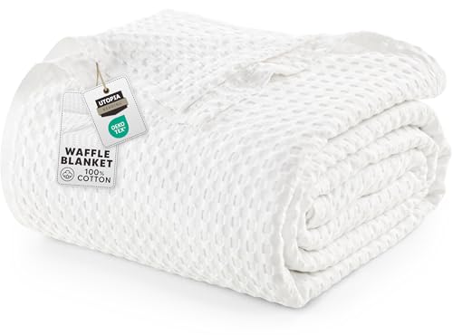 Utopia Bedding Cotton Waffle Blanket 300 GSM (White - 228x182 cm) Soft Lightweight Breathable Bed Blanket Big Size Layering Any Bed for All Season