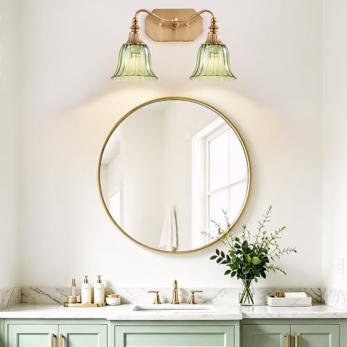 Image of LmnLvn Vintage Gold Bathroom Vanity Light, 2-Light Green Crystal Glass Shade