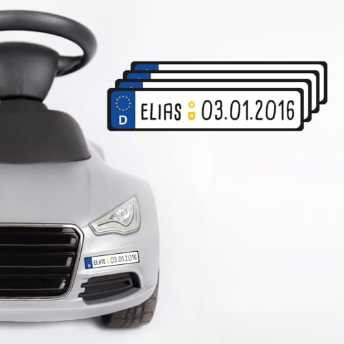 Preisvergleich Produktbild Motoking Kennzeichen im 4er Set - Mit Ihrem Wunschnamen - Aufkleber für Kinderautos, Rutscher, Elektroautos - Deutschland - Größe: 13 x 2,7 cm