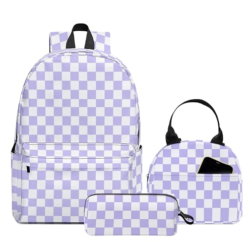 Ansteade 3PCS Backpack for Girls Kids School Backpack Sets with Lunch Bag Pencil Case Large Capacity 17 Inch Bookpack 3 in 1 Set for Teens Elementary Middle High School Students (Checker)