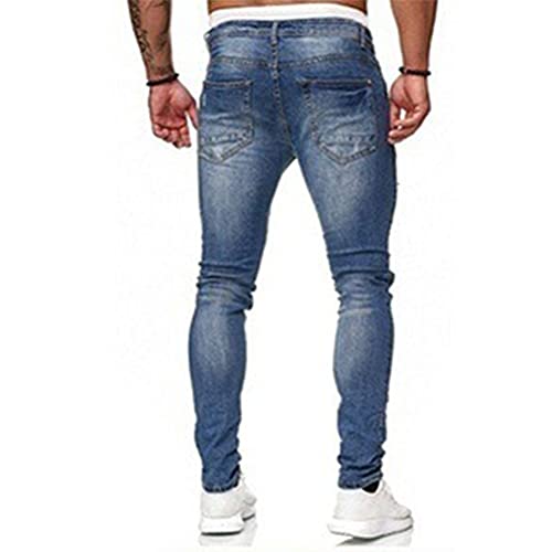 Hungson Men's Blue Slim Fit Jeans Stretch Destroyed Ripped Skinny Jeans Side Striped Denim Pants #TOP2