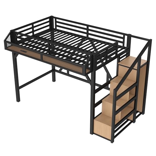 Image of Bellemave Twin XL loft Bed with Storage Stairs, Wardrobe, Shelves, Metal Twin XL Size Loft Bed Frame for Adults, Kids, Teens, Black with Natural Wood