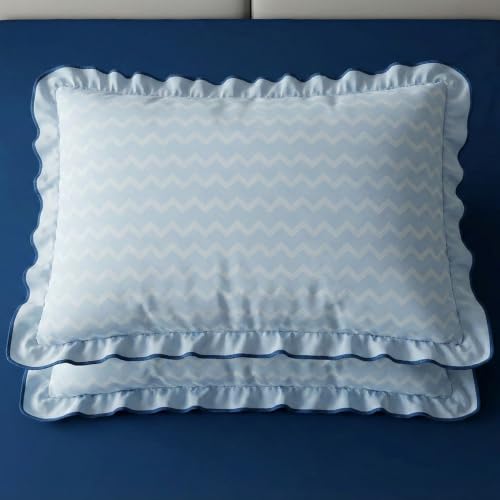 Image of Home Sizzler Chevron Frill Border Microfibre King Size Pillow Covers (18 X 27 Inches) - Light Blue, Set of 2