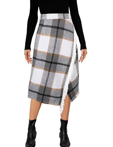 Himosyber Womens Plaid Wool Midi Skirt A Line Bodycon Wrap