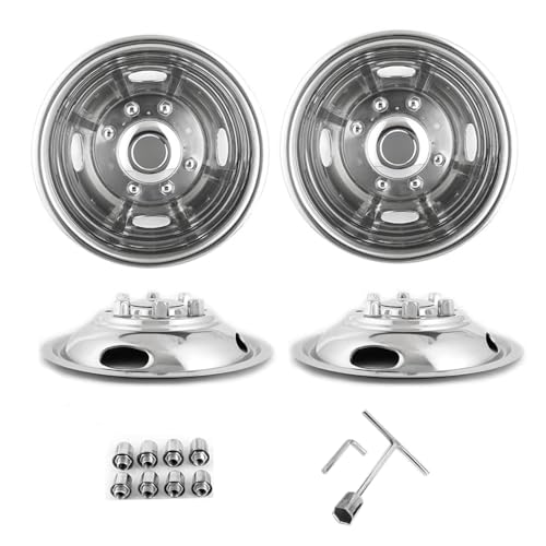 Image of 17 inch Polished Stainless Steel Wheel Simulators Fit for 2005-2025 Ford F350 Dually, 4pcs Nice Looking and Durable Bolt On Wheel Cover, 8 Lug 4 Hand Hole Hubcaps with Installation Tool Kit