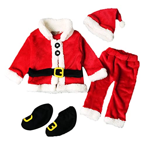 4Pcs Christmas Costume for Toddler Kids Baby Girls Boys Santa Coat Top+Fleece Pants+Hat+Shoes Christmas Outfit (1-2T,Santa Claus Outfit)