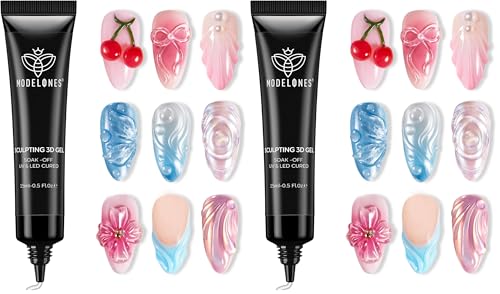 Image of Modelones 3D Gel Nail Art, Sculpting Gel Glue for Molding, Drawing, Charms & Gems Glue, Nail Stuff for Chrome Powder and Rhinestone Design No Wipe, U V Light Cured Salon & DIY Use (Pack of 2)