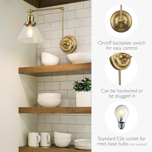 Image of Design House Augustin Wall Sconce, 1-Light, Swing Arm, Seeded Glass, Hardwire /Plug-in Easy Installation, On /Off Backplate, E26 Socket, Satin Gold, 7.9 in L x 17.3 in W x 38.6 in H, 589077-SG | Adjustable Swing Arm, Adjustable, Wall Mount, Contemporary /Modern, Steel, Lighting, 589077-SG
