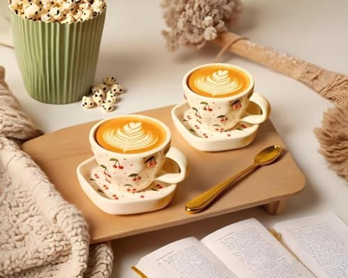 Image of THE MOON STORE Ceramic Coffee Cup and Saucer Set, Cherry Pattern Design, White, 250ml for Gift Aniversary and Birthday (4)