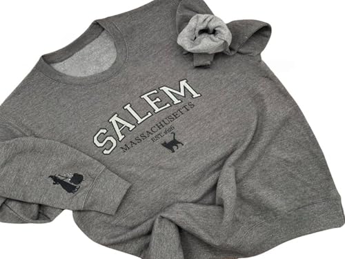 Salem Massachusetts Embroidered Sweatshirt – Hocus Pocus Halloween Crewneck, Spooky Season Fall Sweatshirt with Witch Sleeve Embroidery, Cozy Autumn Gift for Women & Men Multi2