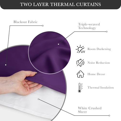 Image of PONY DANCE Bedroom Curtains Purple, 52 inch Wide and 63 inch Long, Royal Purple | Mix & Match Room Darkening Curtains with White Crushed Sheer Voile, 2 Panels
