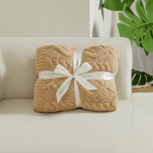 bearberry Plush Fleece Blanket Ultra Cozy & Warm Cable Knit - Machine Washable Throw for Living Room, Bedroom, Office | Lightweight Fuzzy Blanket for Adults, Kids, Pets (Camel, 40”x50”) — view 5