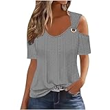 FOCLMP Women Cold Shoulder Summer Tops Eyelet Embroidery Boho Blouses Dressy Causal Shirt Trendy Fashion 2024 Ladies Clothing Ladies Tops and Blouses Dressy Classy Gray M