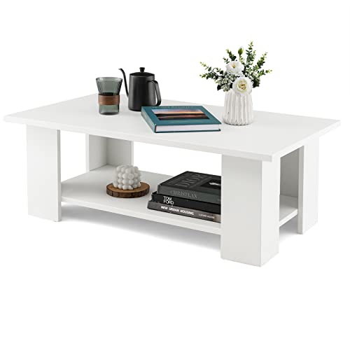 LIFEZEAL Table Basse Simple et Élégante avec Structure Solide, Table de Salon avec Étagère de Rangement et 4 Jambes Robustes, Idéal pour Salon, Bureau, Salle de Repos, 90 X 52 X 32 CM, Blanche