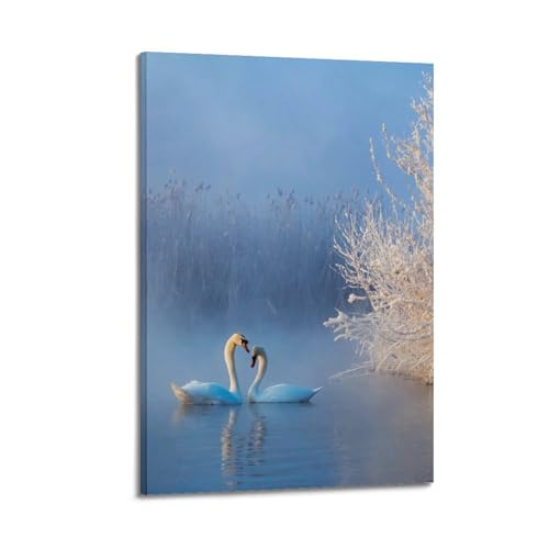 Poster animal deux cygnes blancs de 60 x 90 cm, impression sur toile haut de gamme