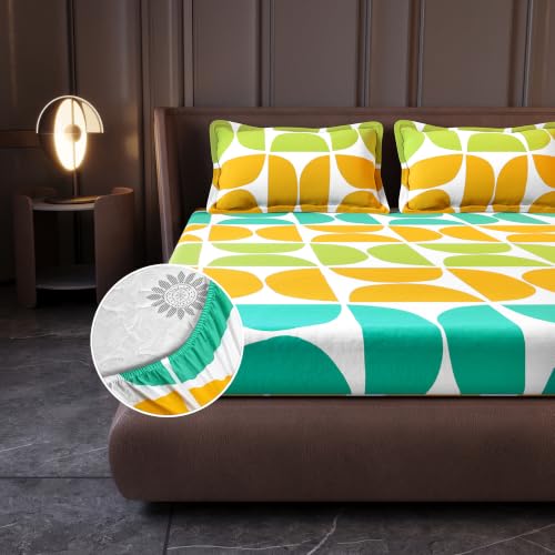 Image of Divine Casa King Size Fitted Bedsheet with 2 Pillow Covers (200 x 180 CM) | Cotton Twill Satin Retro Geometric Print | Green & Blue Elastic Fitted Sheet for Mattress.