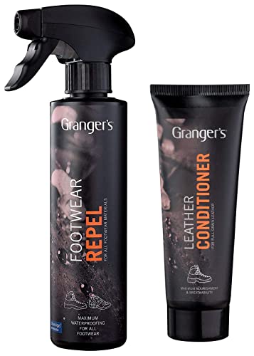 Grangers Footwear Repel Plus | 275ml | Powerful Spray-On Proofer For All Walking Boots & Outdoor Footwear and Leather Conditioner | 75ml | Conditions and Waterproofs All Leather Footwear