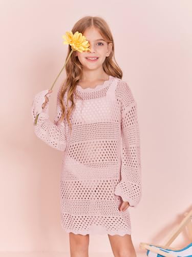 Image of Batermoon Girls Crochet Long Sleeve Swimsuit Cover Up Kids Fashion Hollow Out Swimwear Beach Dress 5-14 Years