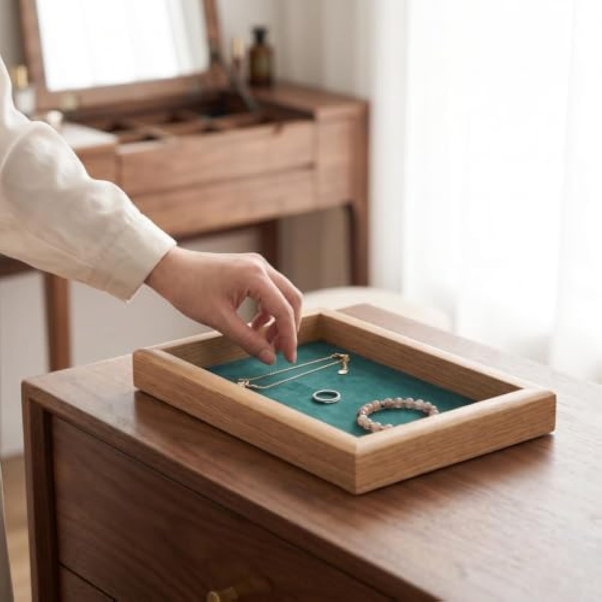 Rectangular Wooden Jewelry Display Tray, Open-Top Design