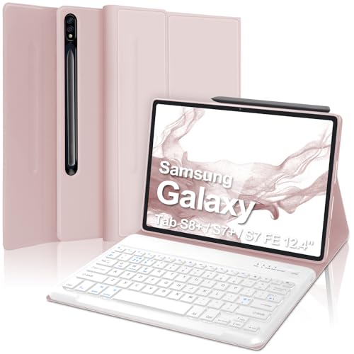 FARYODI Samsung Galaxy Tab S7 Plus Case Keyboard, Cover Samsung Tablet 12.4-inch with Keyboard for S7 FE / S7+ / S8+, S-Pen Holder Smart Case & Detachable Wireless Bluetooth Keyboard, Sakura Pink